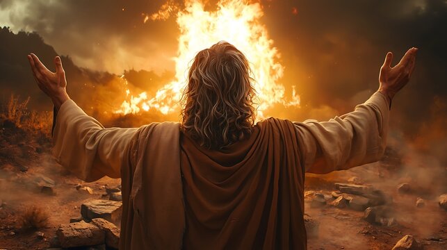 Elias da b&iacute;blia pedindo fogo do c&eacute;u e o Altar no Monte Carmelo: O Confronto com os Profetas de Baal; Elijah Confrontation with the Prophets of Baal