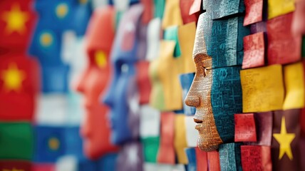 Multicolored abstract sculpture featuring various human faces made from international flags