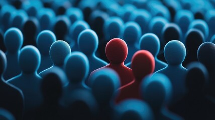 Red figure stands out among blue crowd, symbolizing individuality