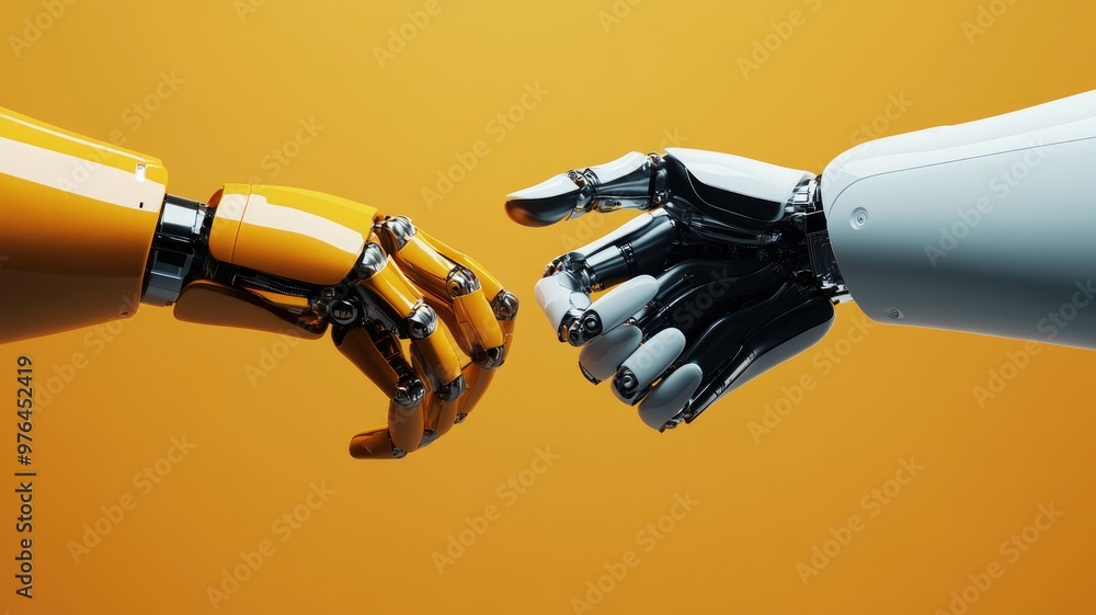 Poster two robotic hands reaching towards each other, symbolizing technology and connection yellow backgrou