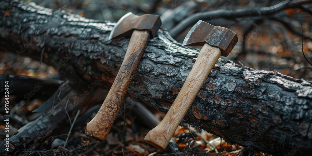 Poster two camping hatchets embedded in the trunk of a downed tree