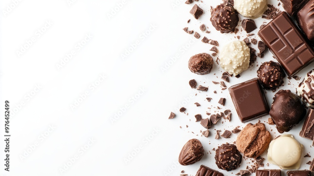 Poster assorted chocolates on white background showing various types and textures