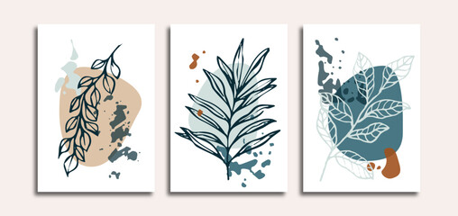 Set of 3 bohemian poster background with mid century element, pottery, palm leaves and abstract shape element. Suitable for wall art, home decor, background, poster, cover, flyer and other template.