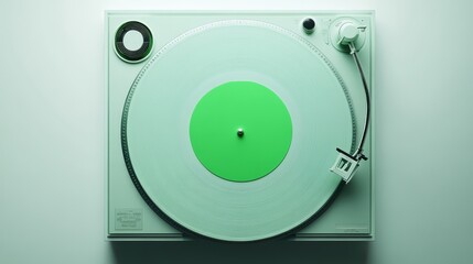 Top view of a vintage vinyl record player with a green record on a light background. Perfect for music-related themes and retro designs.