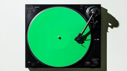 Top view of black turntable with bright green vinyl record on white background. Minimalistic shot highlighting modern and retro music culture.