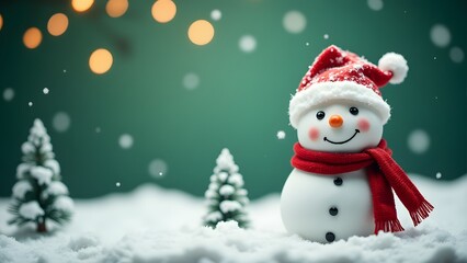 A smiling snowman with a red hat and scarf, surrounded by snow and festive lights in the background