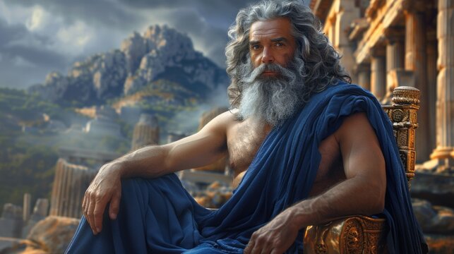 Supreme Deity: Zeus, Greek god of heavens, thunder and lightning, ruler of cosmos, chief of Olympian gods, equated with Jupiter in Roman mythology, embodying ultimate power, dominion over the world.