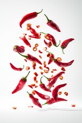 Vibrant red chili peppers and sliced pieces on a white background, showcasing fresh, spicy ingredients for culinary use