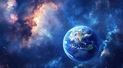A space scene with Earth glowing among a sea of stars, floating in the universe