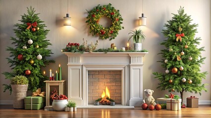 Plants and toys decor on fireplace mantle
