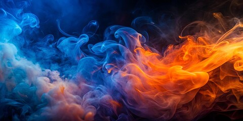 Vibrant and mysterious background featuring indigo and orange smoke blending with wisps of light