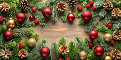 Overhead view of Christmas decoration with fir branches, pinecones, and baubles