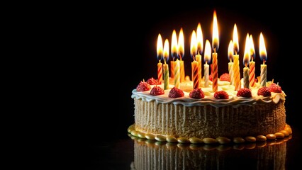 Birthday cake with lit candles and reflection in a black background
