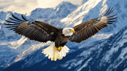 Naklejka premium Bald eagle soaring in front of snow-capped mountains