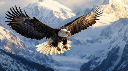 Bald eagle soaring in front of snow-capped mountains