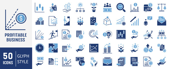 Profitable business icon set. Containing profit, income, revenue, sales, cash flow icon. Vector illustration