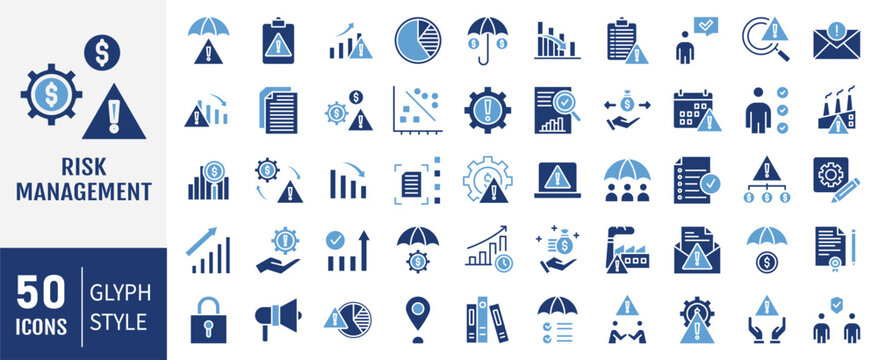 Risk management icon collection. Containing risk, insurance, project, process, warning, safety icon. Simple flat vector.