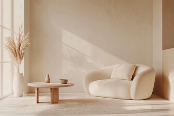 Cozy living area scene. Interior of living minimal style with empty space for products presentation or text for advertisin , ai