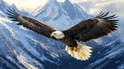 Obraz premium Bald eagle soaring in front of snow-capped mountains