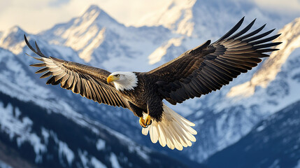 Bald eagle soaring in front of snow-capped mountains