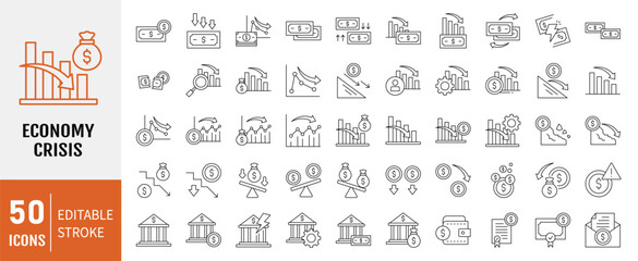 Economy Crisis icon collection. Containing depressions, economic downturn, stock marker cash, financial meltdown, recession, credit crunch, trade war icon. Simple line vector.