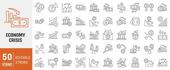 Economy Crisis line editable icon set. Containing icons: depressions, economic downturn, stock marker cash, financial meltdown, recession, credit crunch, trade war and more. Vector illustration