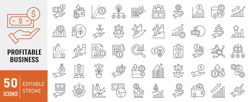 Profitable business line editable icon set. Containing icons: Profit, income, revenue, sales, cash flow and more. Vector illustration