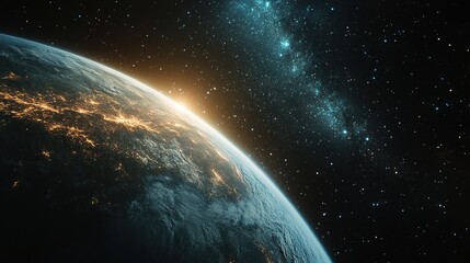 Obraz premium A beautiful view of sunrise over Earth, with swirling galaxies in the background