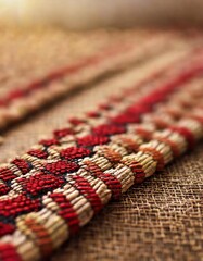 Woven fabric texture with depth of field on a warm neutral background