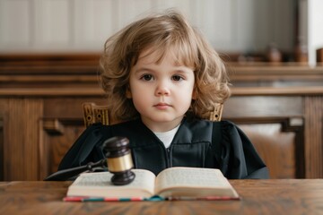 Naklejka premium Young Justice Advocate: Child Dressed as Judge in Miniature Courtroom Setting with Gavel and Legal Books, Encouraging Fairness and Inquiry