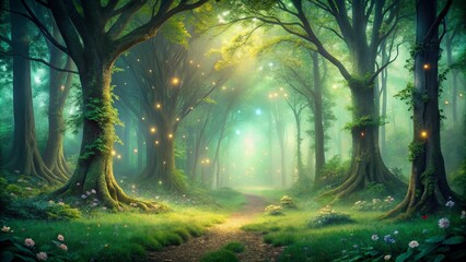 Fototapeta premium Vintage fairy forest with green fog in morning, magical woodland scene