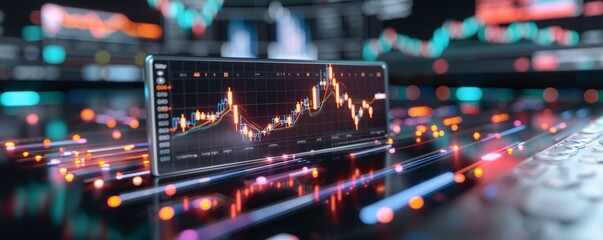 Obraz premium Virtual Business Downturn Simulation: Holographic Charts, 3D Price Fall, Neon Tech Ambiance