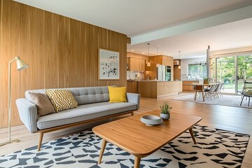 A living room photo of a combination of Scandinavian interiors and mid-century modern interiors in a modern living room with wood-paneled walls and sofas. Generative AI
