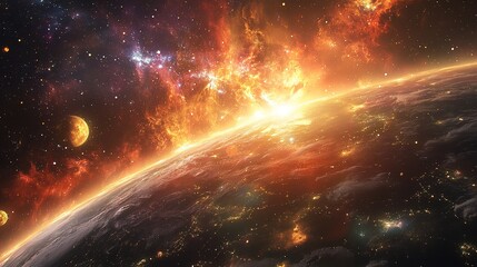 Obraz premium A beautiful view of sunrise over Earth, with swirling galaxies in the background