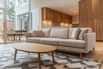 A Scandinavian mid-century modern interior photo of a residential living room with wood-paneled walls and a sofa and table. Generative AI
