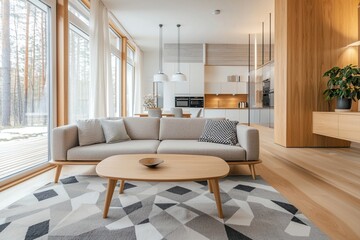 Fototapeta premium This is the living room and kitchen of the house with the wood finish. This is a modern japandi interior with a sofa in the living room. Generative AI 