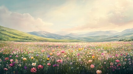 A picturesque oil painting depicts a vibrant field of pink and yellow wildflowers against a backdrop of rolling green hills and a soft blue sky.