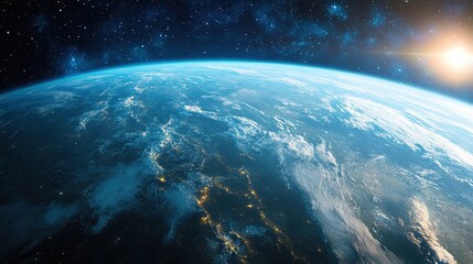 Obraz premium A beautiful view of sunrise over Earth, with swirling galaxies in the background