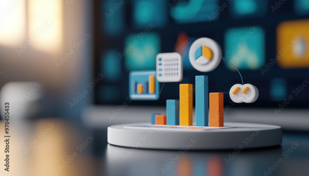 Poster colorful 3d graphs and charts representing data analysis and business growth against a blurred digit