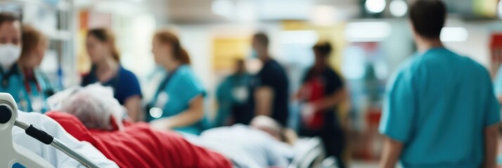 Busy hospital scene with medical professionals attending to multiple patients on stretchers, capturing the urgency and care of the healthcare environment.