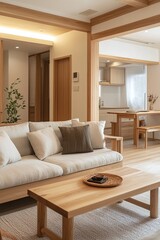 Fototapeta premium A modern living room interior photograph of a woody japandi interior and a Scandinavian interior combination. Generative AI 