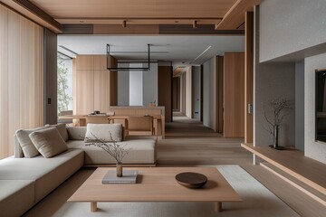 A living room with a wall finished using wood. A photo of a Japandi mid century modern interior with a white-toned sofa and a wooden table. Generative AI

