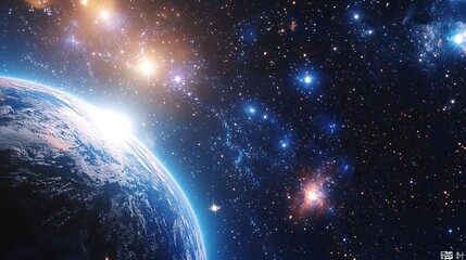 Obraz premium A beautiful view of sunrise over Earth, with swirling galaxies in the background