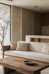 Obraz premium A modern living room interior photograph of a woody japandi interior and a Scandinavian interior combination. Generative AI 