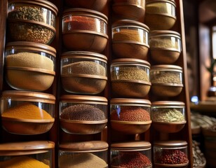 Traditional spice racks with depth of field featuring assorted spices and cultural heritage