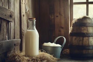 Fresh Farm Milk: Capture a rustic still-life of fresh milk in a glass bottle, surrounded by scenic farm elements like hay, barn wood, and a milk pail , ai