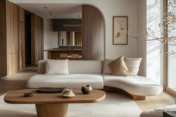 A modern living room interior photograph of a woody japandi interior and a Scandinavian interior combination. Generative AI
