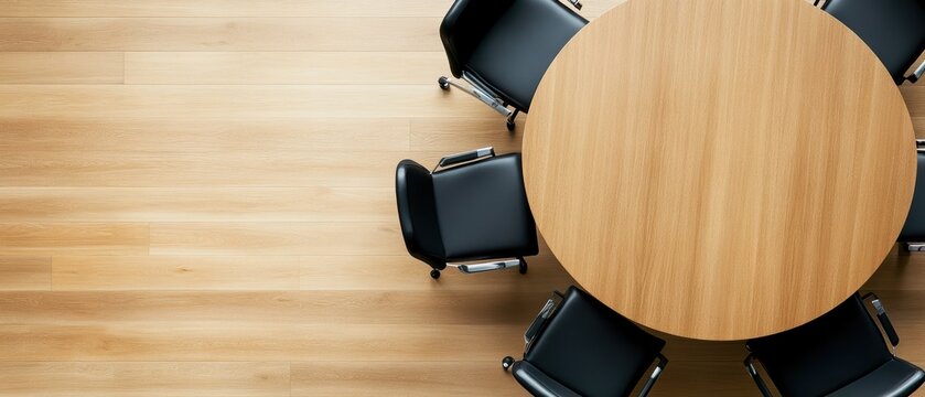 A modern conference table with black chairs, set on wooden flooring, ideal for meetings and brainstorming sessions.