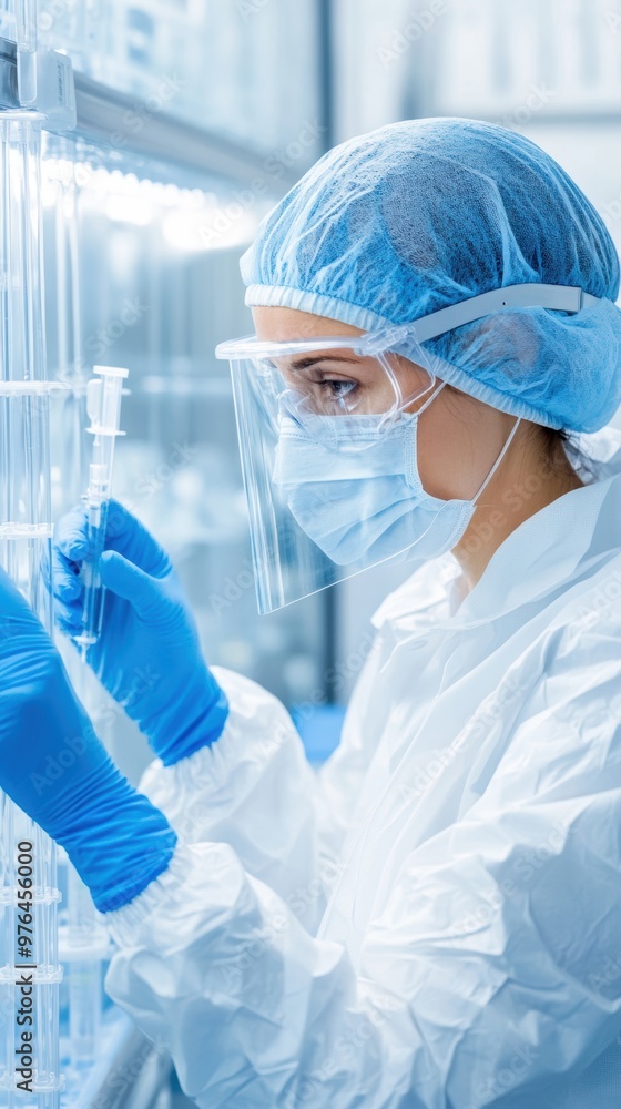 Poster a scientist in protective gear working meticulously in a laboratory environment, ensuring safety and