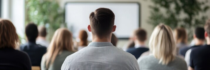 A group of people sitting in a classroom or conference room setting, attentively watching a presentation at the front. The image captures a moment of learning and attention.